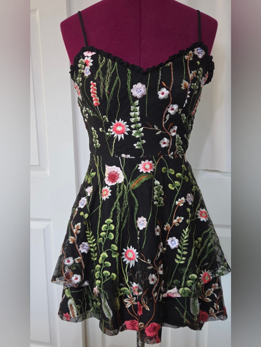 Black Tiered  Fit&Flare Dress  Floral Embroidery Whimsigoth Balletcore 3/4